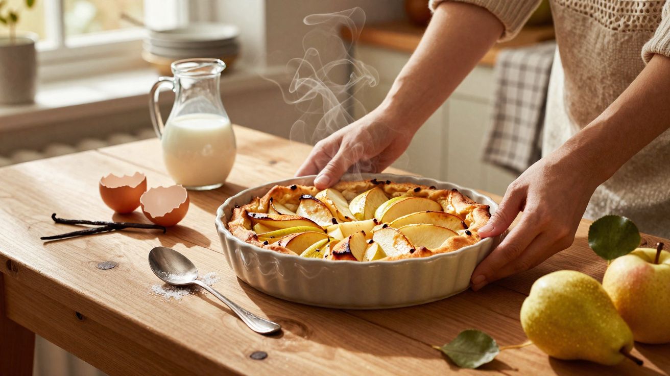 Pessoa a retirar do forno uma tarte de maçã fumegante numa cozinha iluminada, com ingredientes ao lado.