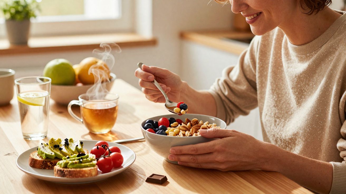 Pessoa a sorrir a comer taça de frutos com nozes, torradas com abacate, chá quente e copo de água na mesa.