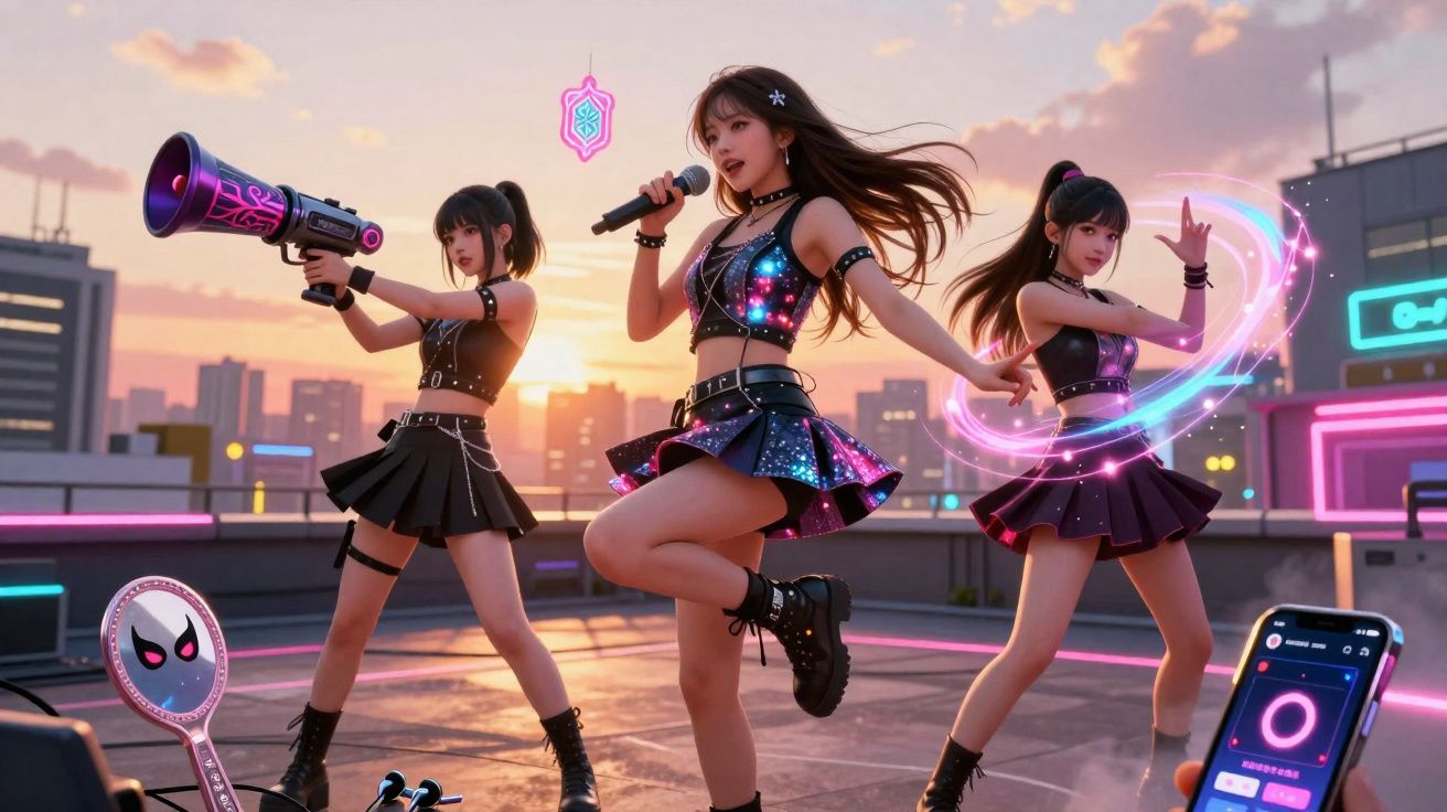 Três jovens mulheres em roupas futuristas dançam no terraço ao pôr do sol, num cenário urbano neon.