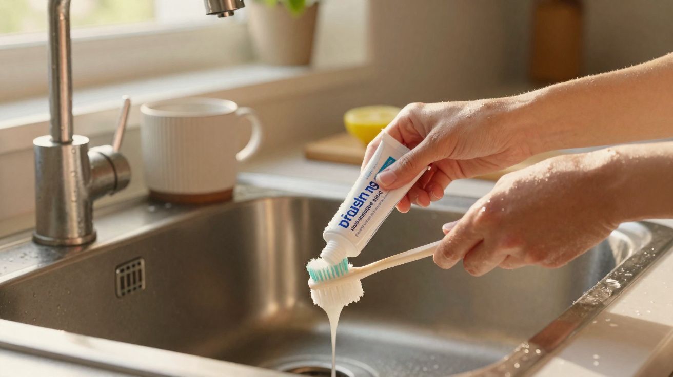 Mãos a aplicar pasta dentífrica natural numa escova de dentes de bambu sobre uma pia de cozinha.