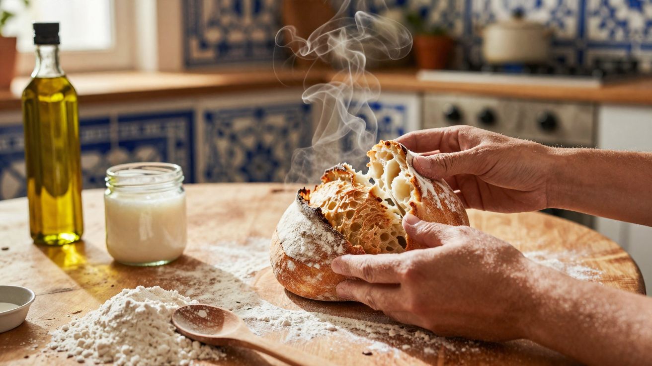 Pão quente a ser partido ao meio com vapor, sobre mesa de madeira com farinha, azeite e iogurte.