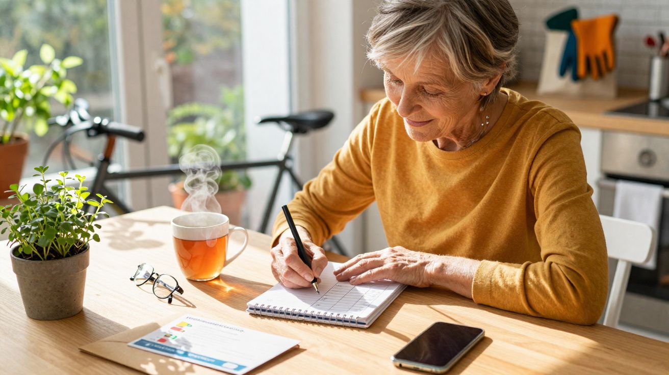 Mulher idosa sentada a escrever num caderno numa mesa com chá, telemóvel, plantas e bicicleta ao fundo.