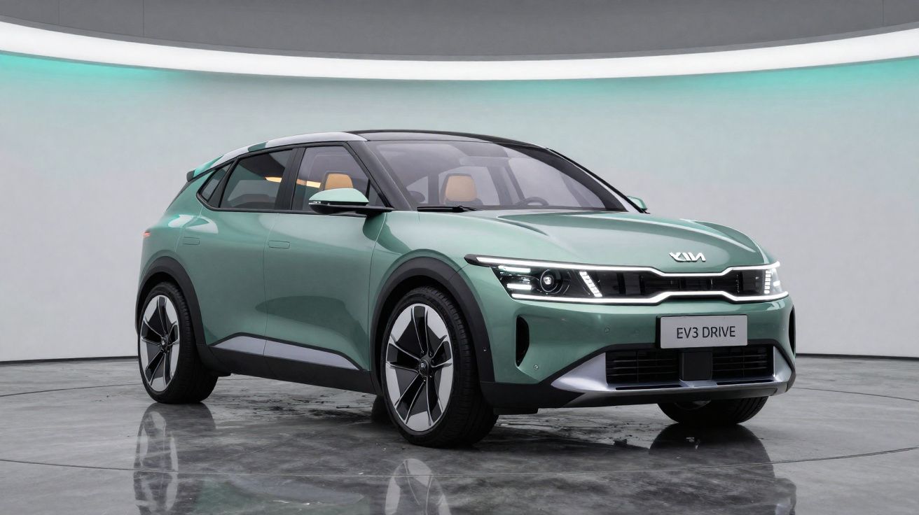Carro elétrico Kia EV3 Drive verde em estúdio minimalista com iluminação suave.