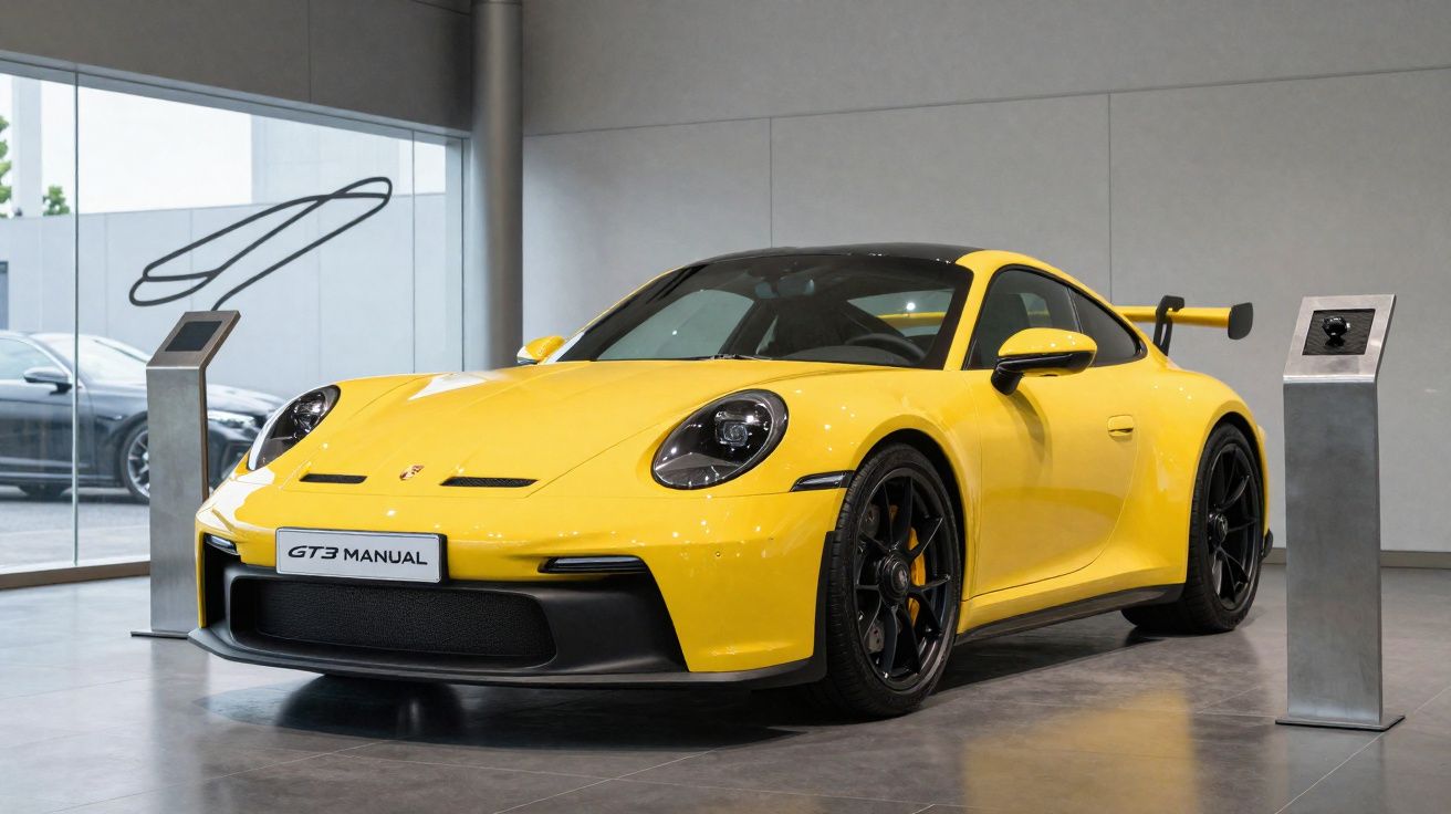 Carro desportivo amarelo Porsche GT3 Manual em exposição numa sala moderna e iluminada.
