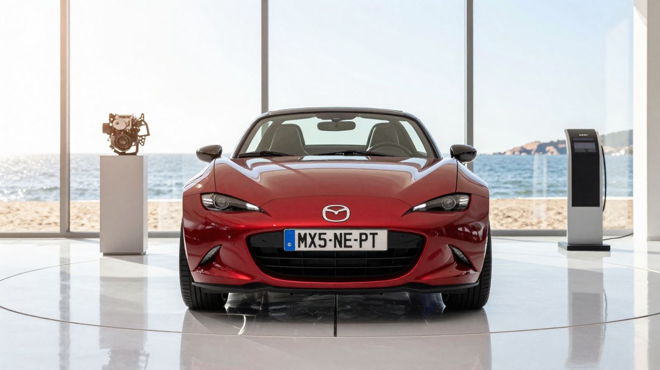 Carro desportivo Mazda MX-5 vermelho exposto em sala com vista para praia e mar ao fundo.