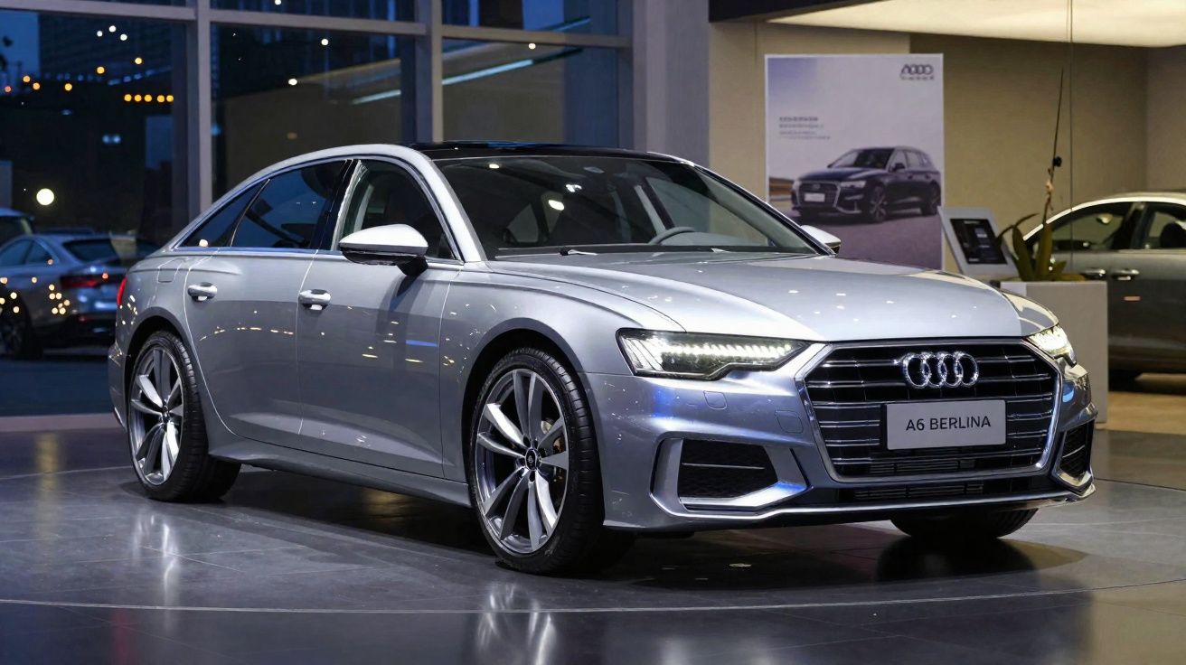 Carro Audi A6 Berlina cinzento prata numa exposição automóvel com luzes refletidas no capô.