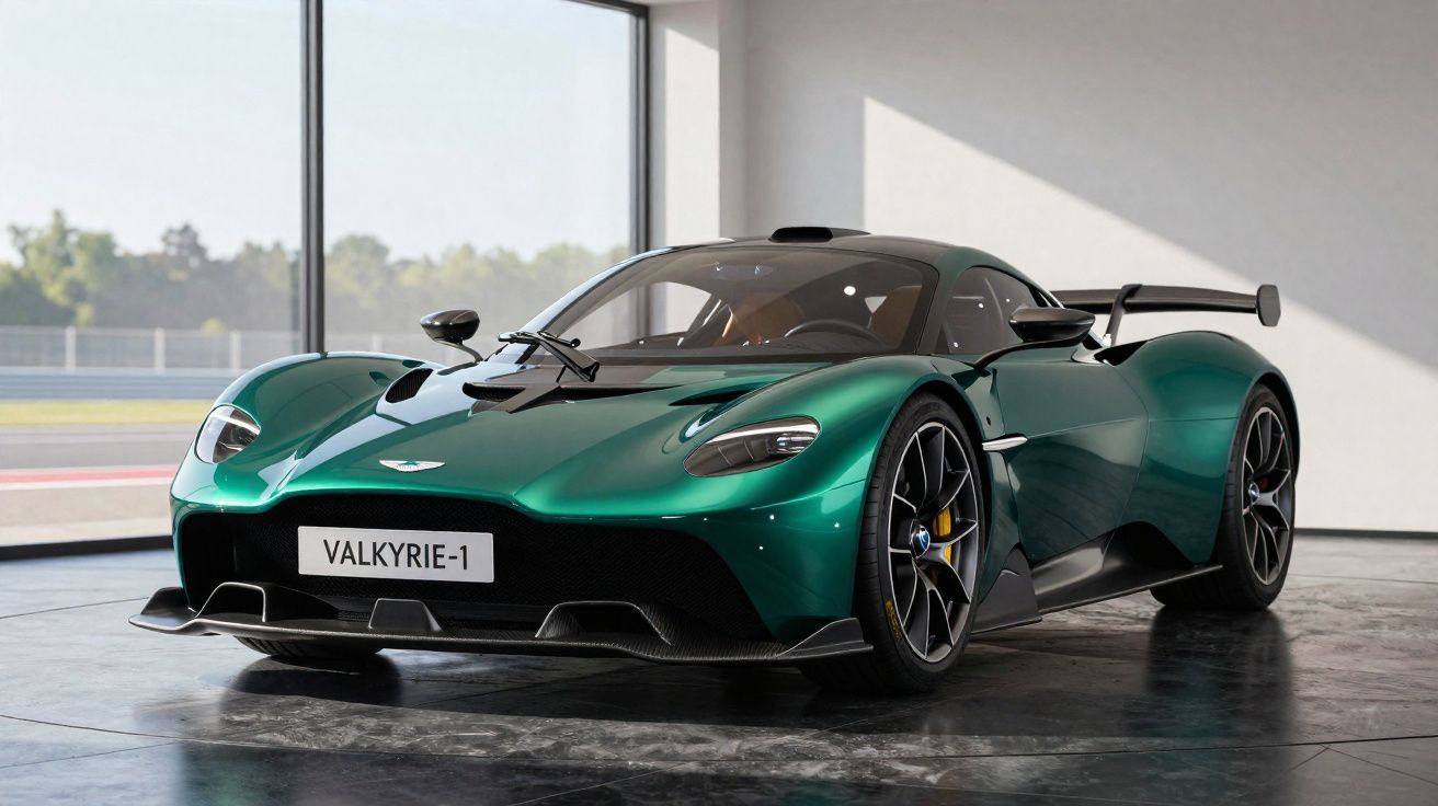 Carro desportivo verde metálico Aston Martin Valkyrie-1 estacionado em chão polido junto a janelas grandes.
