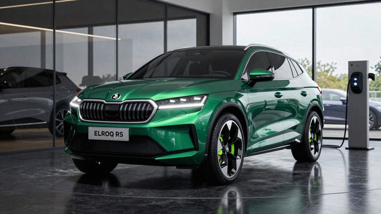 Carro elétrico verde Skoda ELROQ RS a carregar numa estação dentro de um showroom moderno.