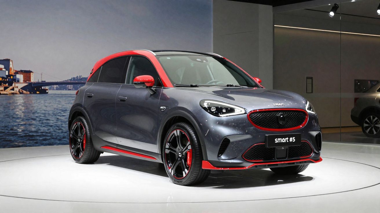 Carro Smart #5 cinza com detalhes vermelhos exposto numa sala com espelhos e fotografia de porto ao fundo.