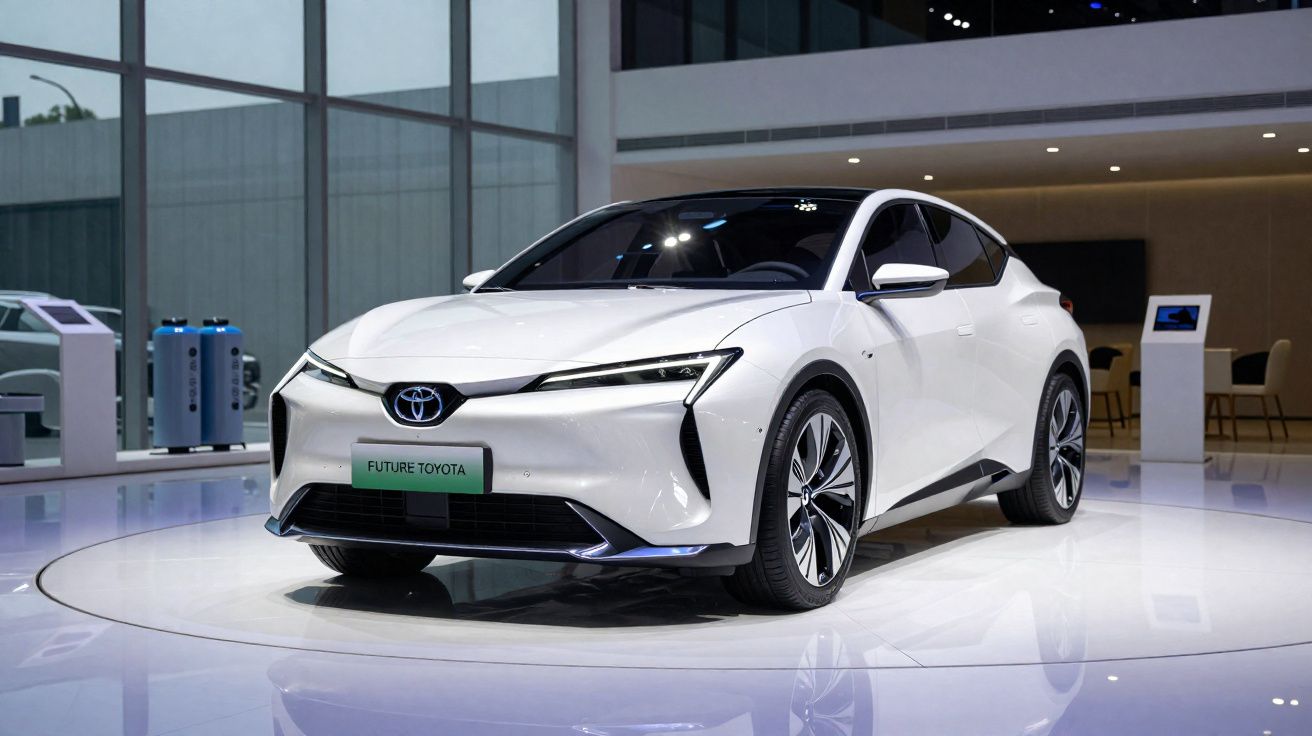 Carro elétrico branco Toyota Future numa exposição moderna com piso e iluminação refletidos.