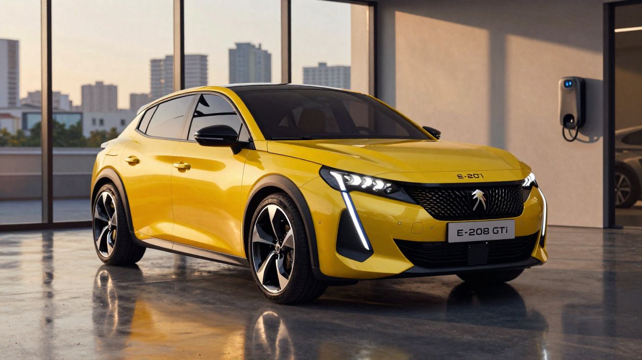 Carro elétrico amarelo Peugeot e-208 GTi numa garagem moderna com carregador na parede.