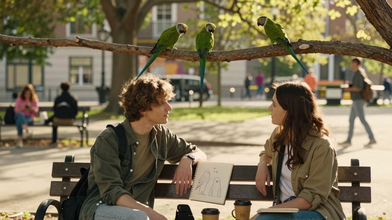 Jovem e rapariga sentados num banco de jardim com três papagaios verdes numa árvore acima deles.