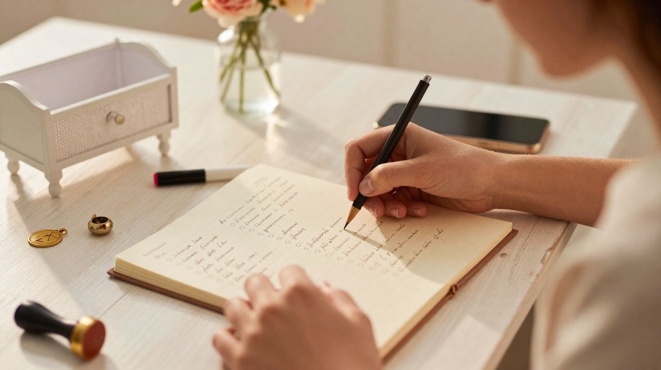 Pessoa a escrever numa agenda ou caderno aberto sobre uma mesa com vários objetos pessoais.