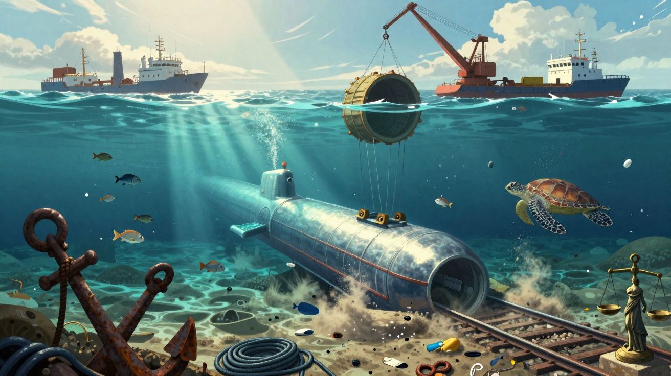 Submarino semi-submerso perto do fundo do mar com peixes, tartaruga, âncora e navios à superfície.