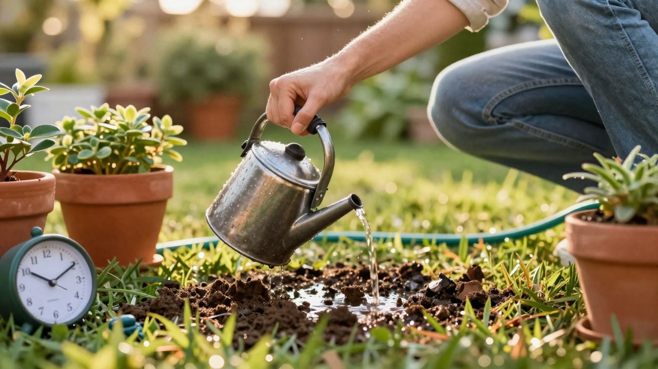 Pessoa a regar terra de jardim com regador metálico, plantas em vasos e relógio ao lado.