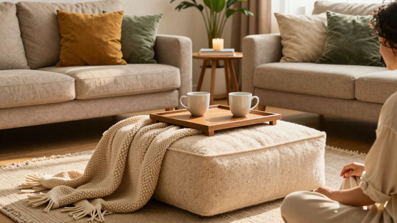 Sala acolhedora com duas sofas, almofadas coloridas, manta e bandeja com duas chávenas sobre puff.