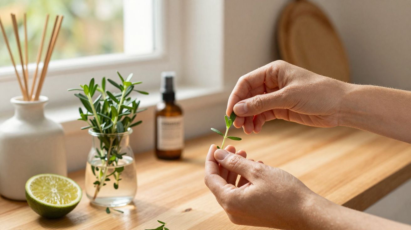 Mãos a segurar raminho de ervas frescas numa cozinha com limão cortado e frascos ao fundo.