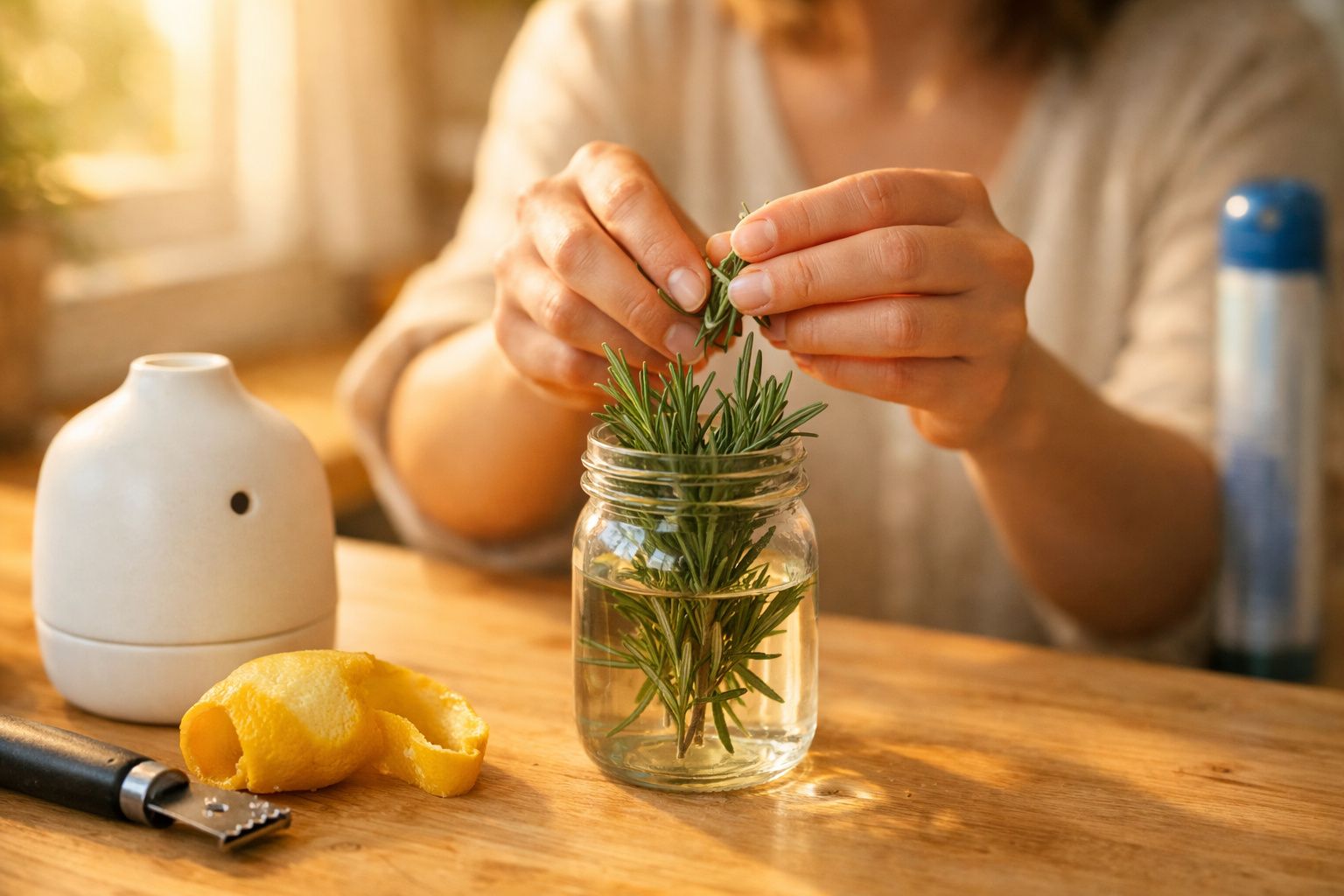 Pessoa a colocar ramos de alecrim num frasco com água sobre uma mesa de madeira iluminada pela luz natural.