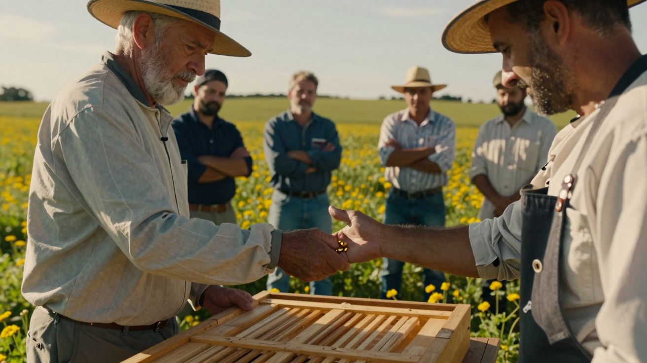Homens com chapéus num campo de flores trocam mel enquanto outros observam ao fundo.
