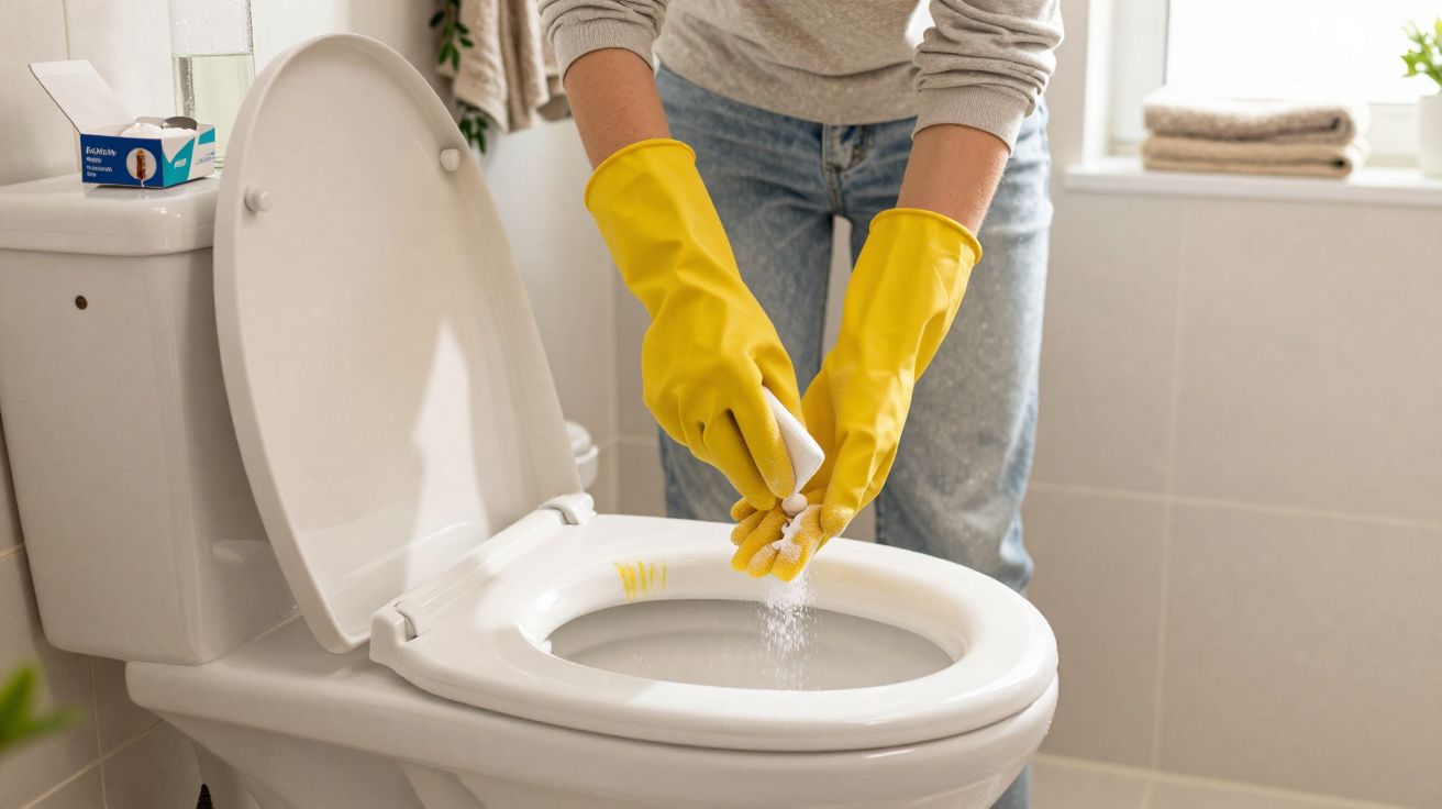 Pessoa com luvas amarelas a limpar a sanita branca num casa de banho iluminada.