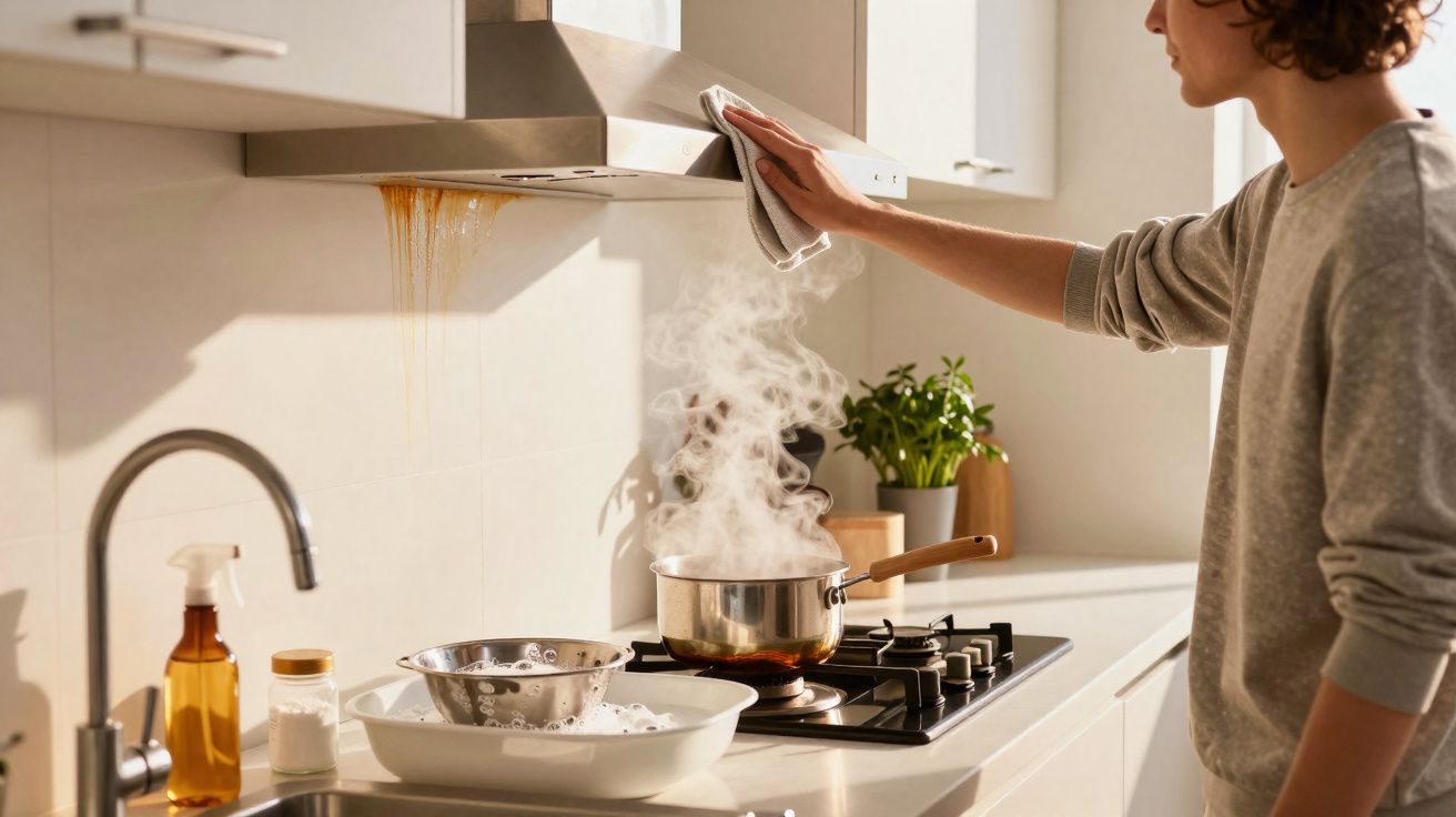 Pessoa a limpar exaustor da cozinha enquanto uma panela com vapor está no fogão a gás.
