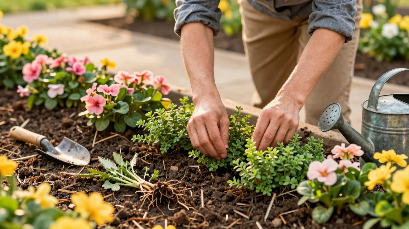 Pessoa a plantar arbustos verdes num jardim florido com regador e enxada ao lado.