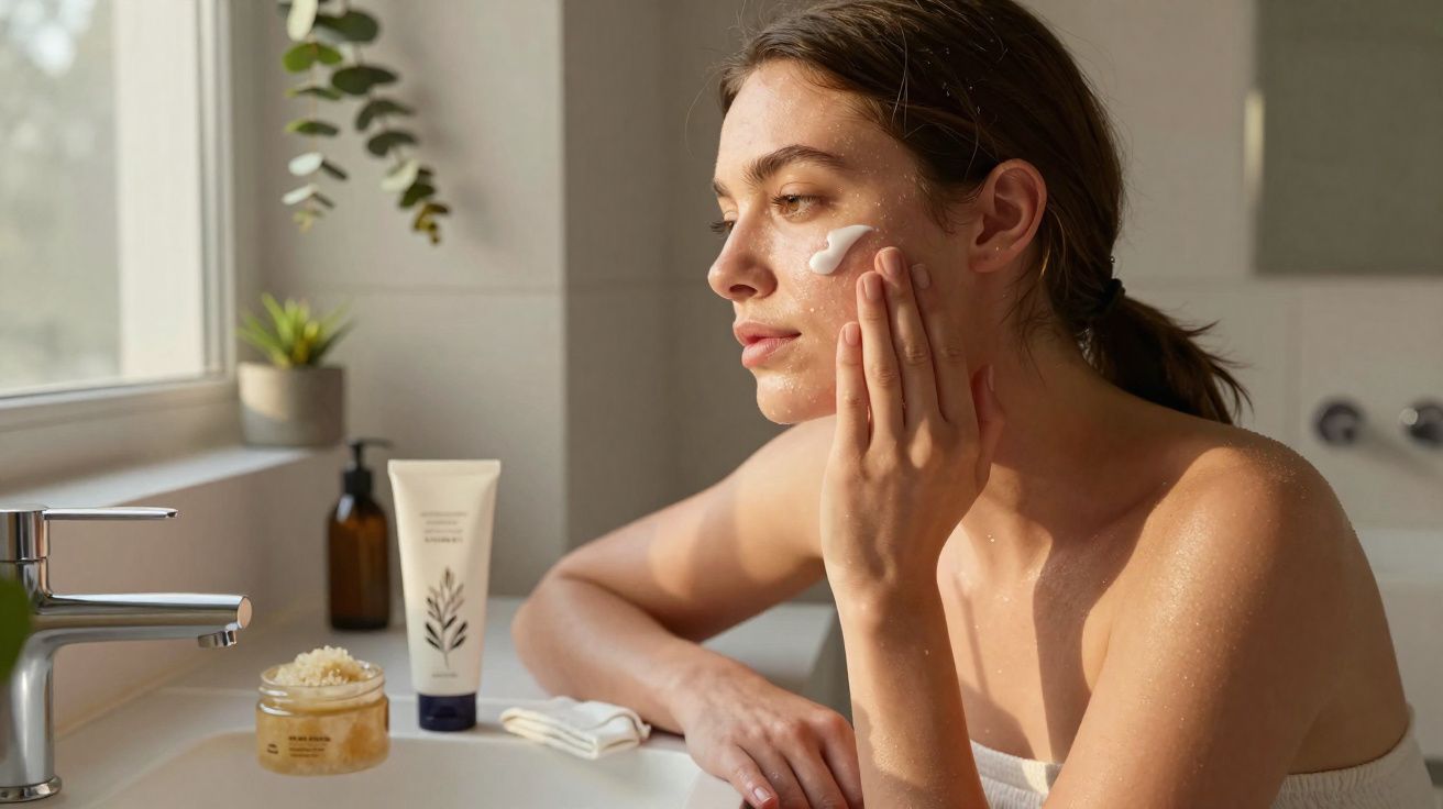 Mulher a aplicar creme hidratante no rosto numa casa de banho iluminada por luz natural.