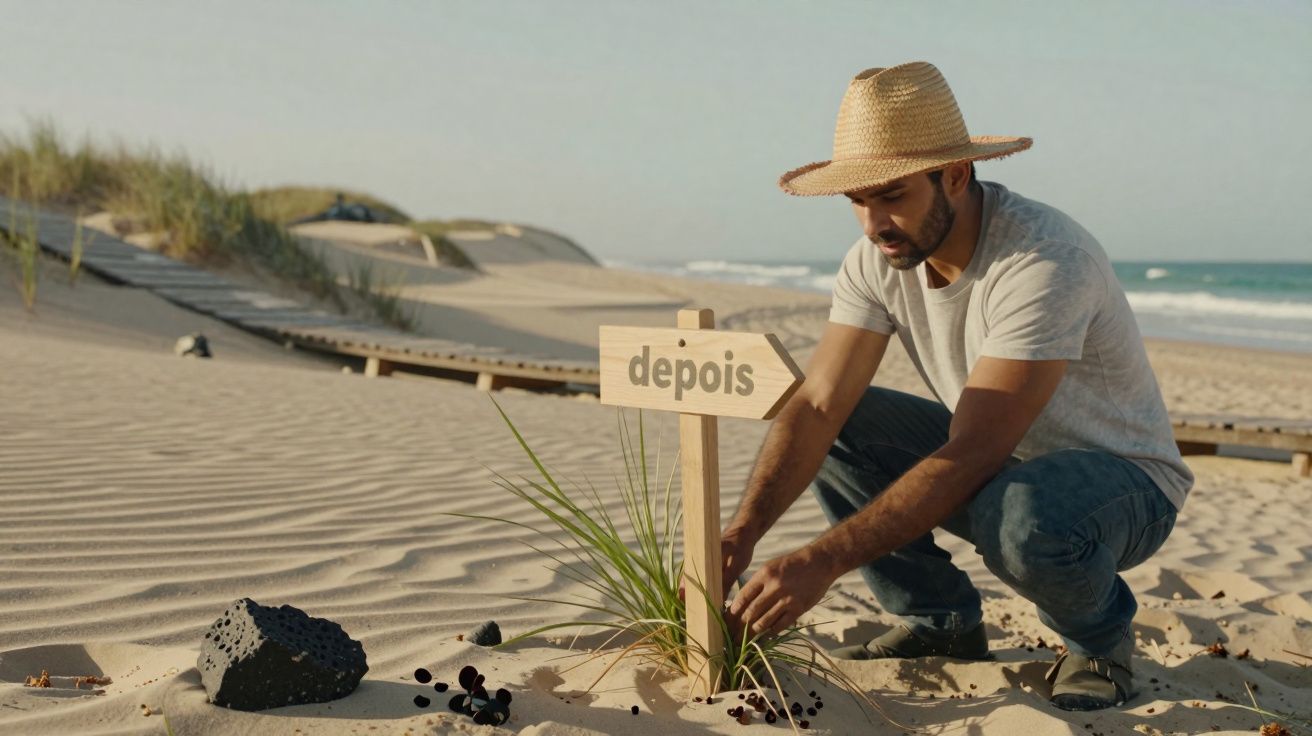 Homem de chapéu a colocar placa de madeira com a palavra "depois" numa praia com dunas de areia.