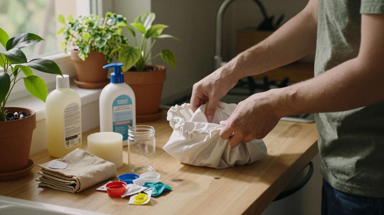 Pessoa a guardar detergentes e cápsulas de roupa reutilizáveis em saco de pano numa bancada com plantas.