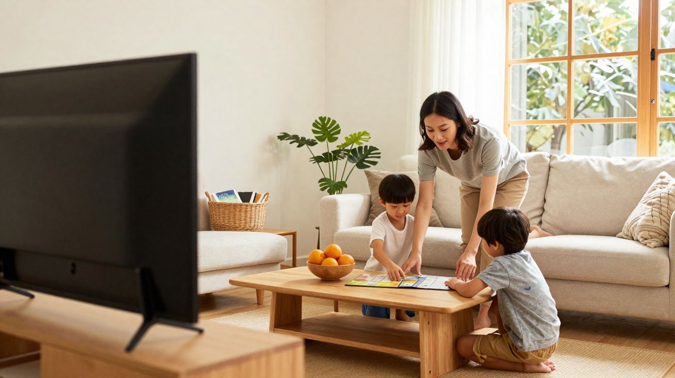 Mulher e duas crianças sentados à mesa de centro a jogar um jogo de tabuleiro numa sala iluminada.