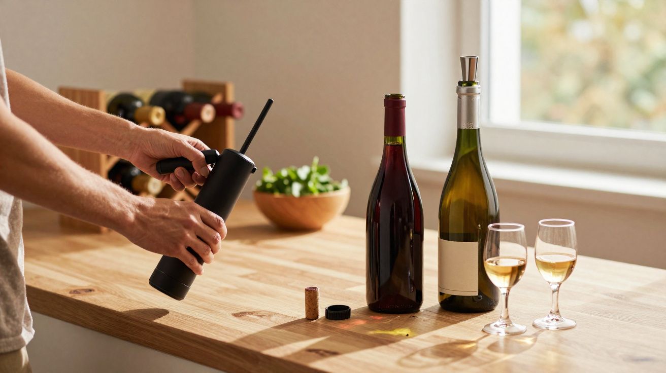 Pessoa a abrir garrafa de vinho com saca-rolhas elétrico numa mesa de madeira, com duas garrafas e dois copos de vinho.