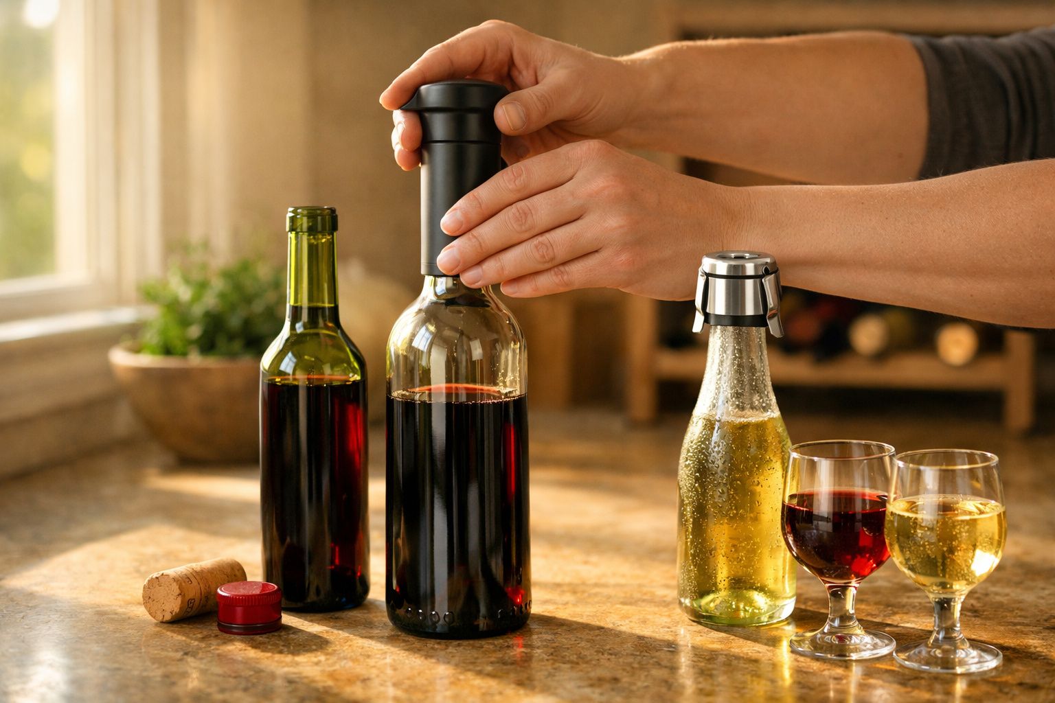 Mãos a utilizar um dispositivo para vedar uma garrafa de vinho tinto numa mesa com outras garrafas e copos.