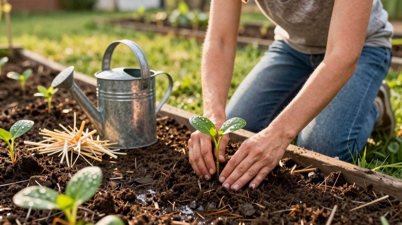 Pessoa a plantar uma muda num canteiro de terra, com regador metálico ao lado.