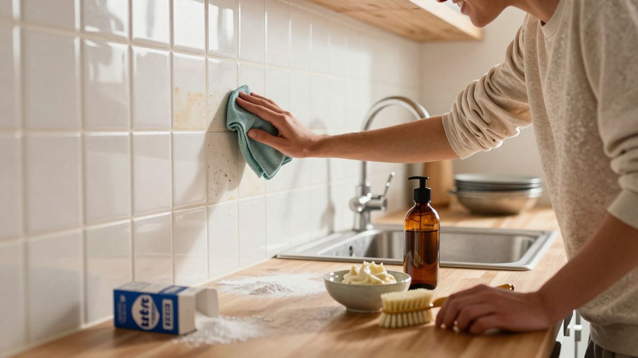 Pessoa a limpar azulejos da cozinha com pano azul junto a bancada com ingredientes e utensílios de limpeza.