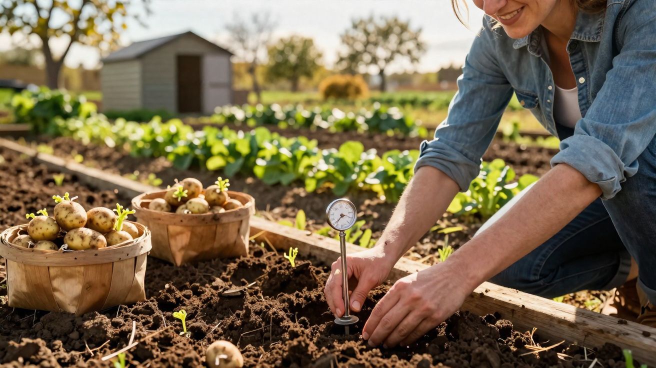 Pessoa a medir temperatura do solo num horta com cestos de batatas e plantas verdes ao fundo.
