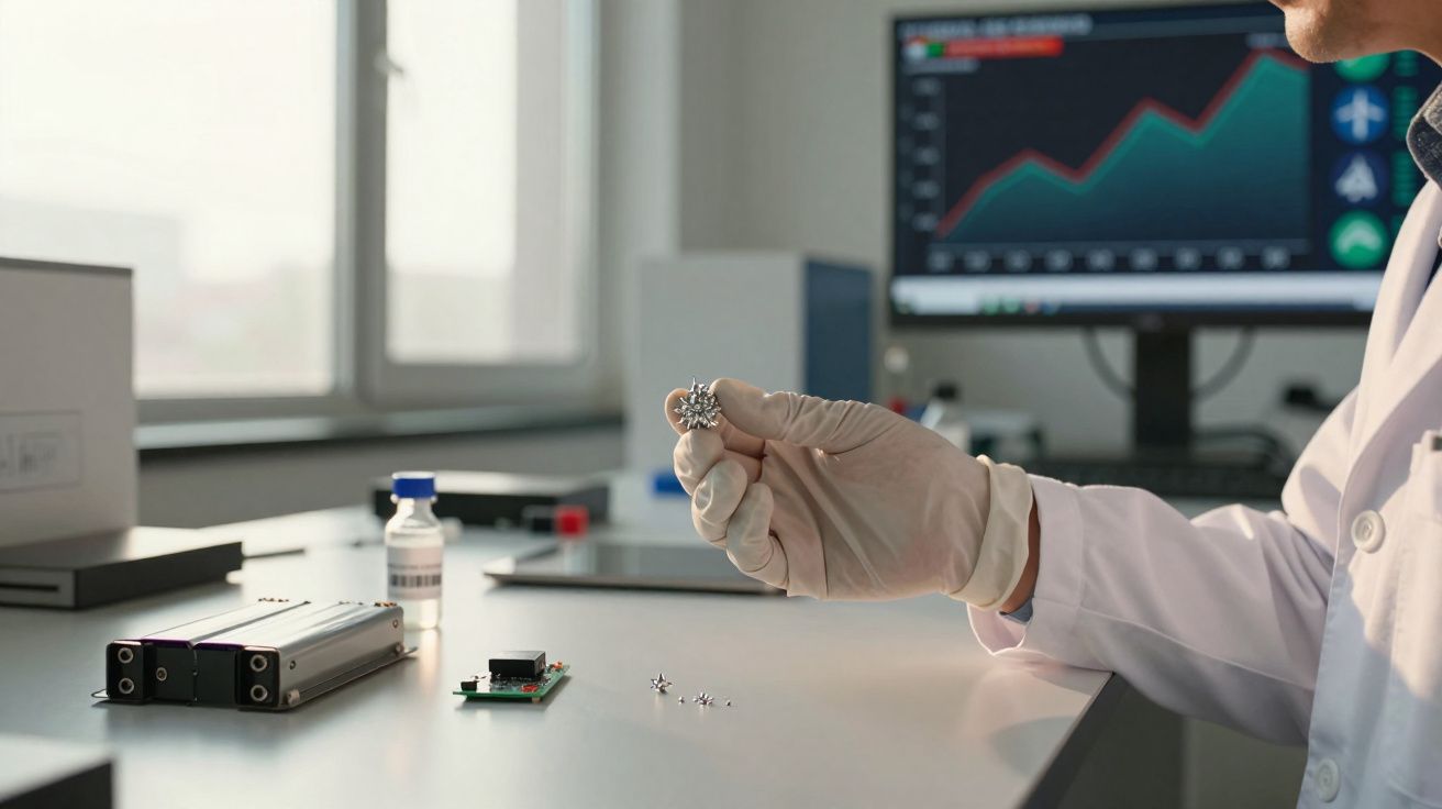 Mão com luva segura peça elétrica pequena sobre mesa com componentes eletrónicos e ecrã com gráfico.
