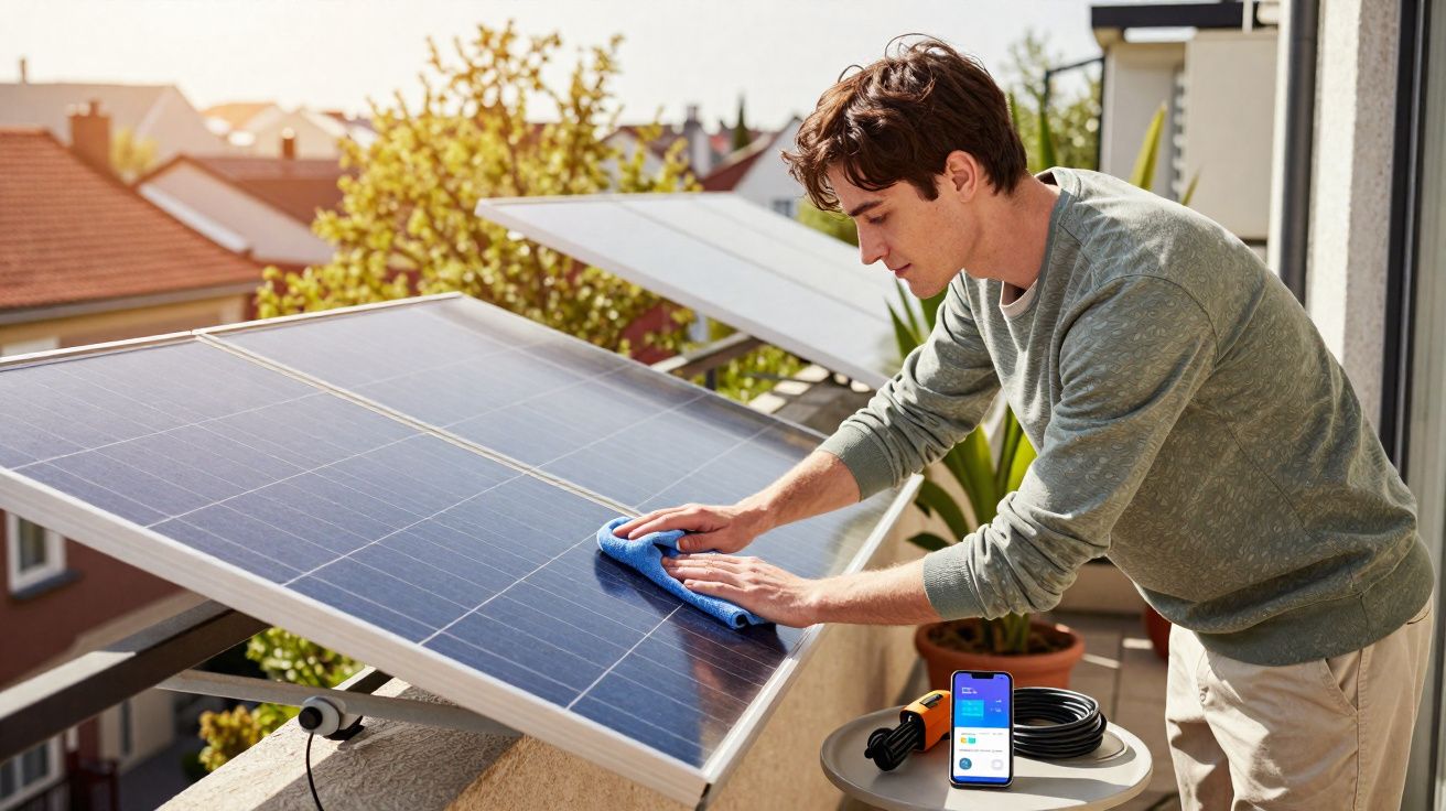 Homem limpa painel solar com pano azul num terraço ensolarado, perto de telemóvel e cabos.