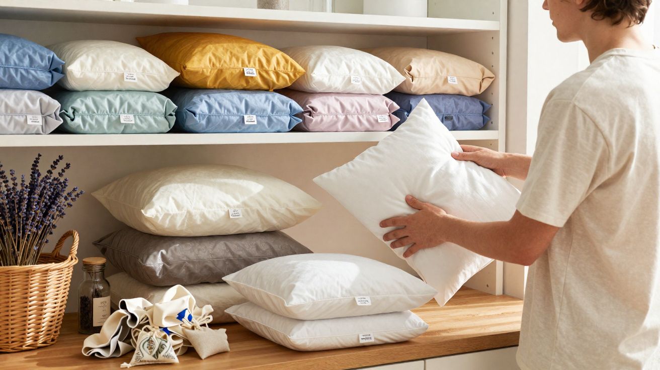 Pessoa a organizar almofadas de várias cores numa prateleira branca numa sala acolhedora.