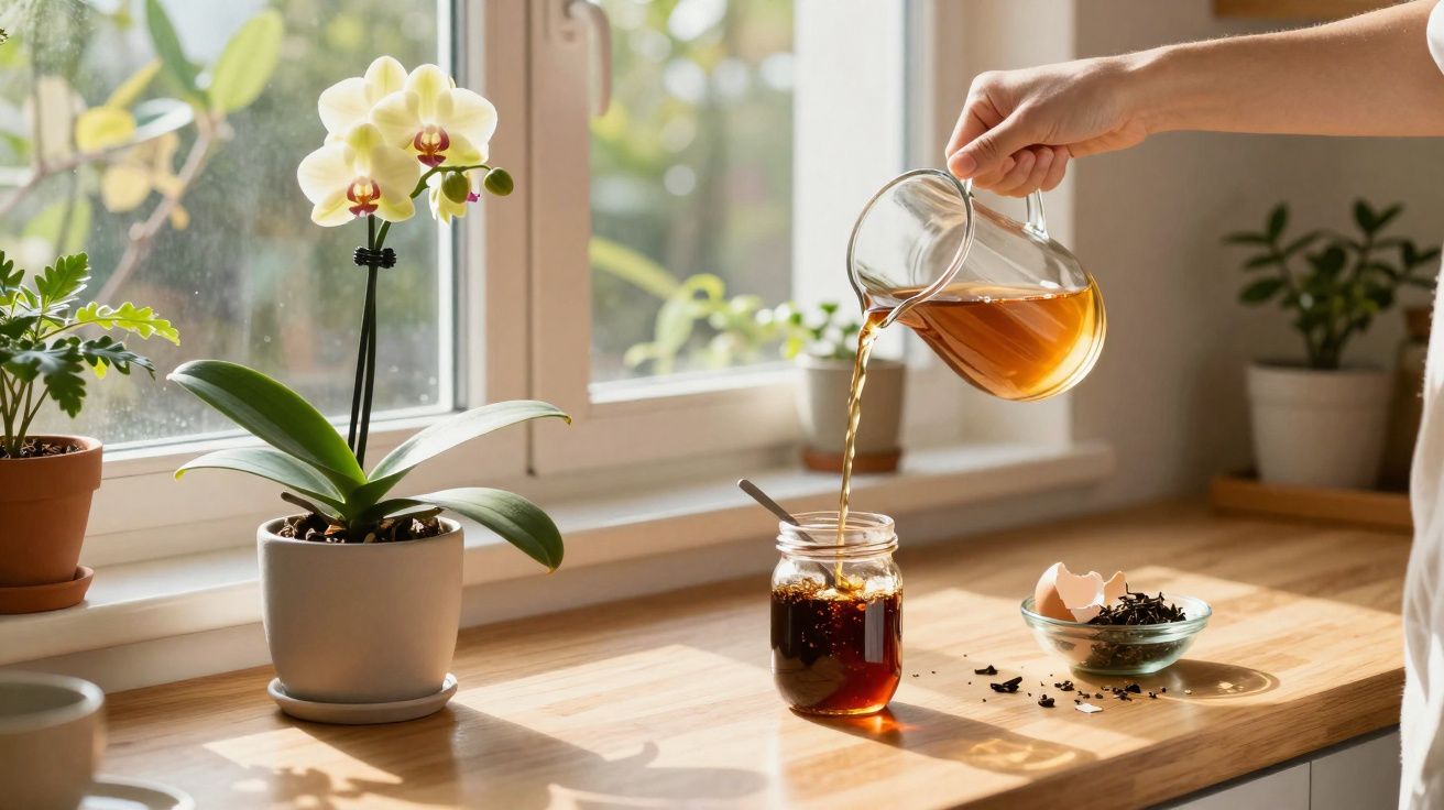 Mão a servir chá numa jarra de vidro junto a janela com orquídea e plantas em vaso na bancada de madeira.