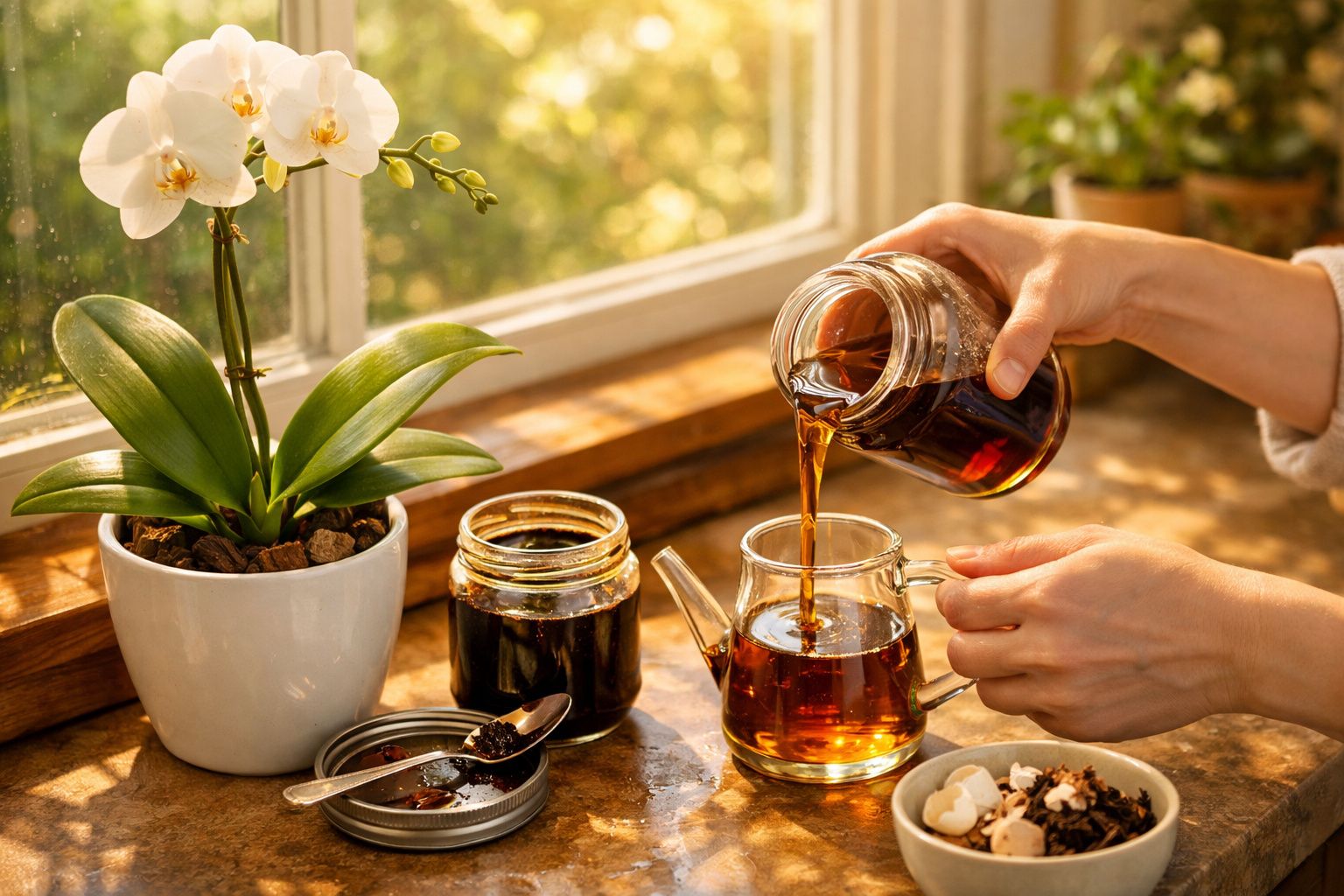 Pessoa a servir chá numa chávena de vidro, ao lado de um vaso com orquídea branca numa janela iluminada.