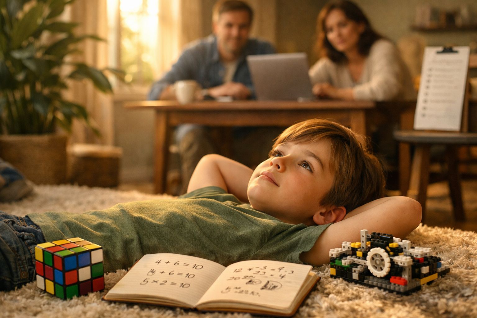 Criança deitada no chão com livro de matemática, cubo mágico e construção de brinquedo, pais ao fundo no sofá.