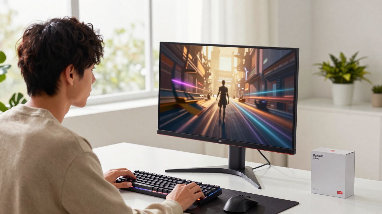 Pessoa a jogar videojogo num computador com monitor grande sobre mesa branca, com caixa de produto Redmi ao lado.