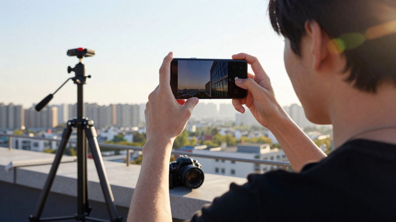 Pessoa a tirar foto de edifício com smartphone numa varanda, com tripé e câmara fotográfica ao fundo.