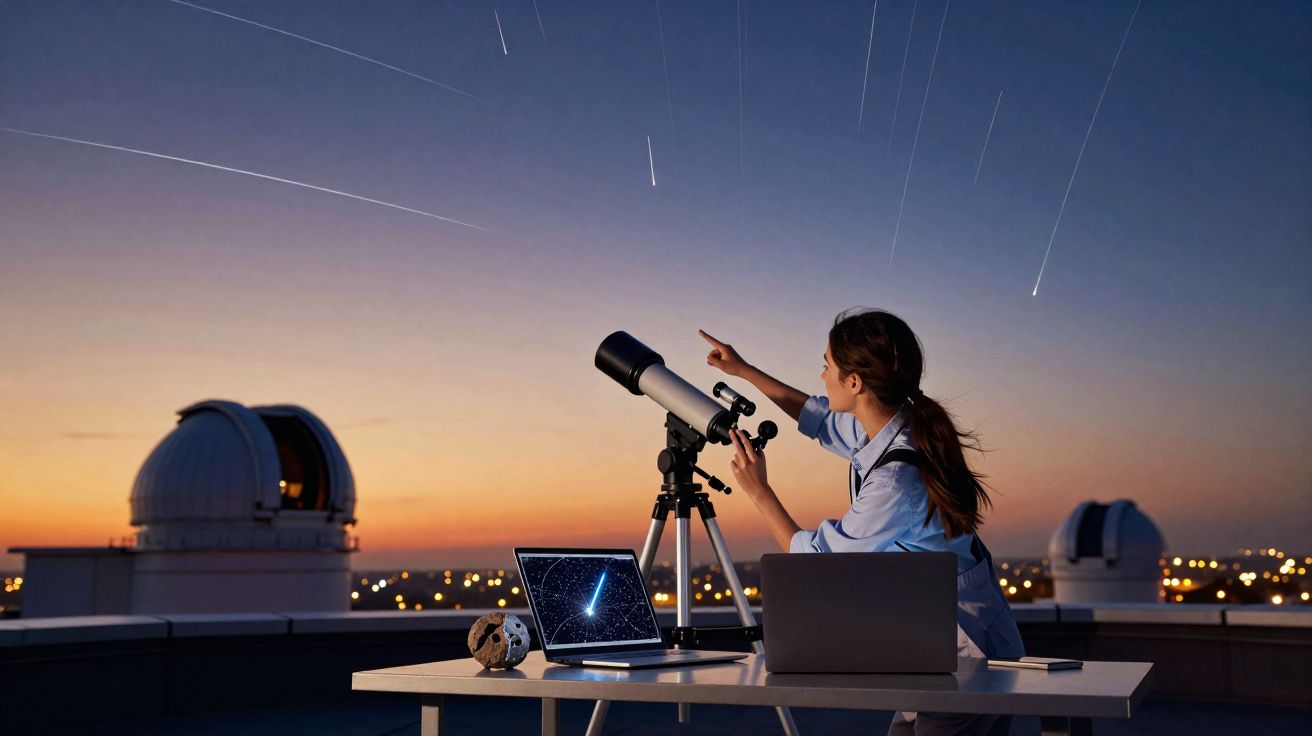 Mulher usa telescópio para observar meteoros no céu ao anoitecer em observatório com laptop e mapas estelares.