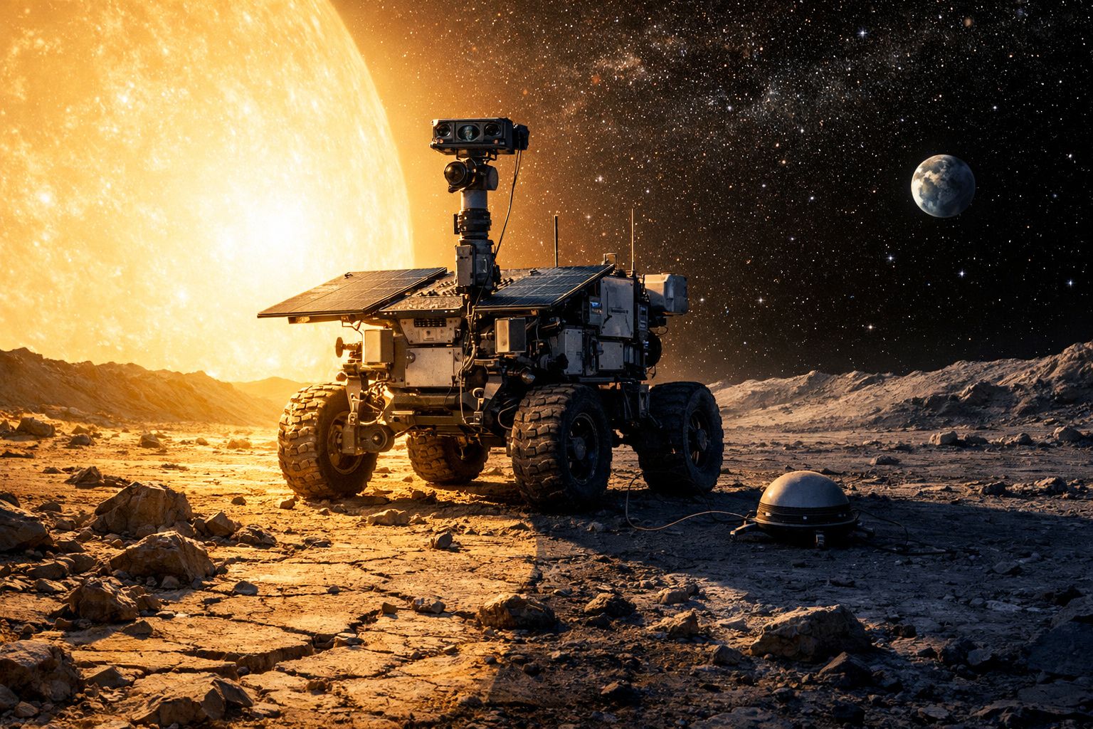 Rover espacial na superfície de um planeta rochoso com o Sol e a Terra ao fundo.
