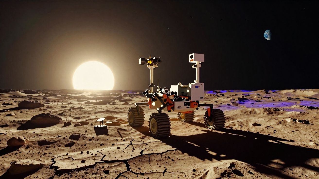 Rover lunar explorando a superfície da Lua com a Terra e o Sol visíveis no horizonte.