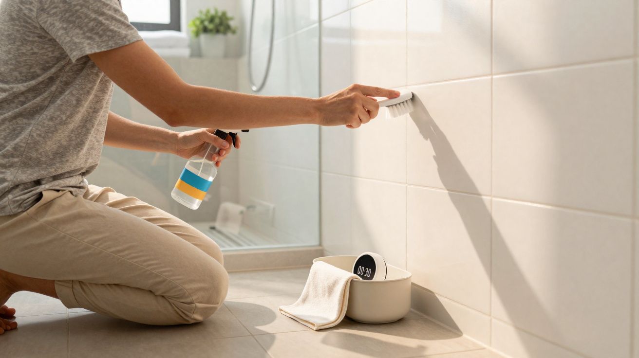 Pessoa a limpar azulejos brancos numa casa de banho, usando escova e spray de limpeza.