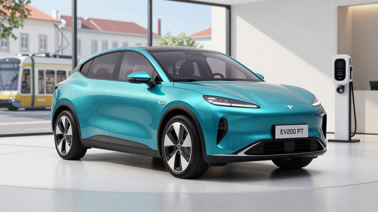 Carro elétrico azul turquesa modelo EV200 PT num showroom moderno com carregador ao fundo e elétrico em Lisboa.