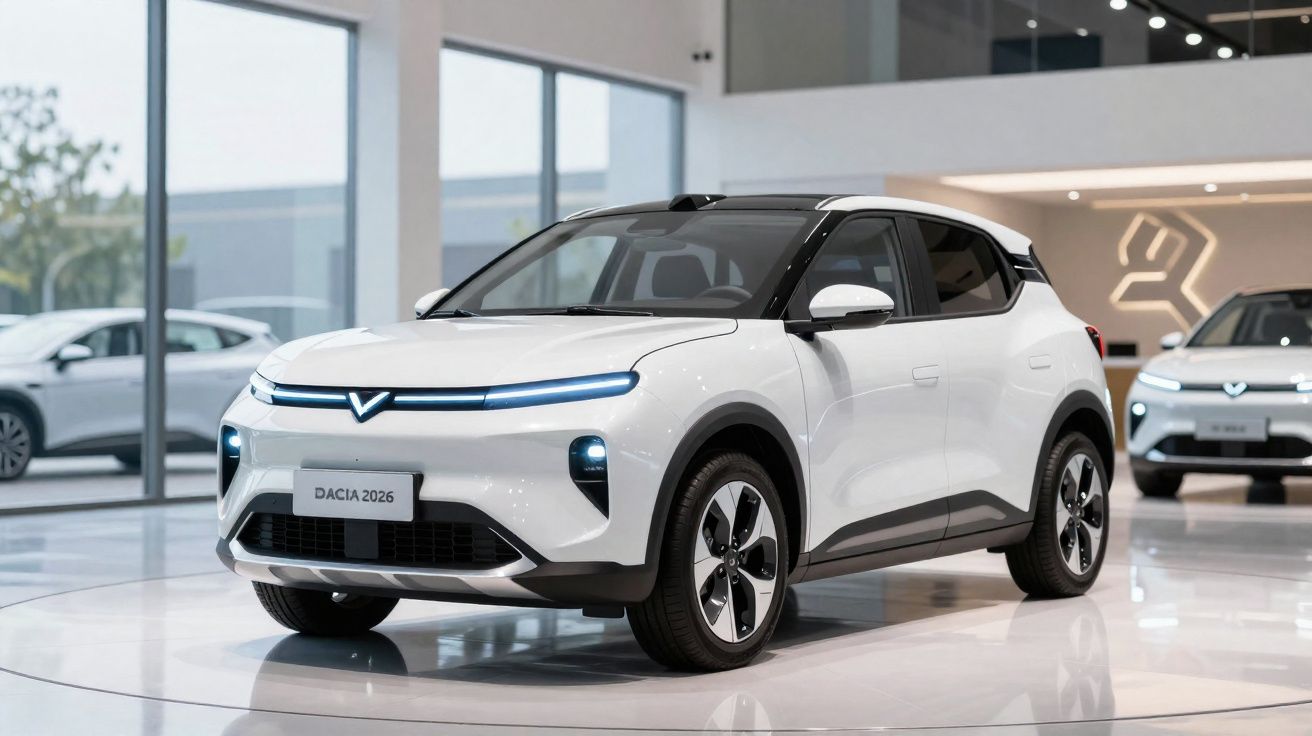 Carro elétrico branco Dacia 2026 exibido num showroom moderno com janelas amplas.