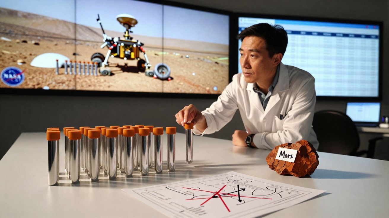 Cientista em laboratório com tubos de ensaio, modelo de Marte e imagem de robô da NASA em ecrã ao fundo.